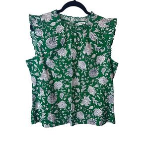 J. Crew Large Green Floral Ruffle Neck Keyhole Back Sleeveless Top Women